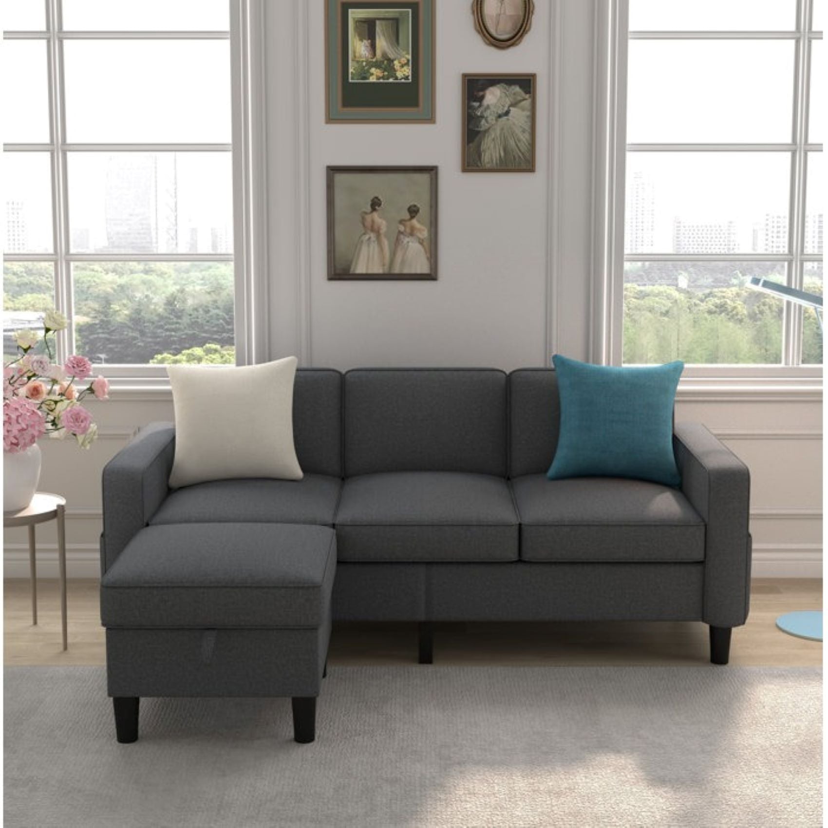 Elison 3 Seater Fabric Sofa with Storage Ottoman for Living Room - Torque India